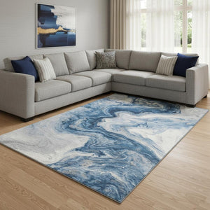 HomeRoots 8' X 10' Navy Blue & Ivory Abstract Area Rug - Washable, UV-Protected, Durable, Non-Slip Design! 697768