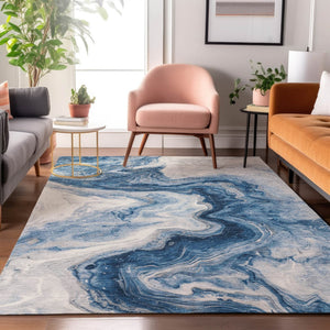 HomeRoots 8' X 10' Navy Blue & Ivory Abstract Area Rug - Washable, UV-Protected, Durable, Non-Slip Design! 697768