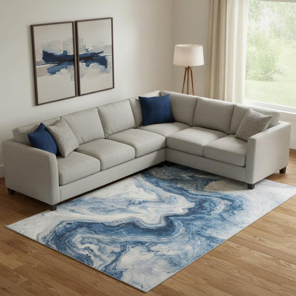 HomeRoots 9' X 12' Navy Blue & Ivory Abstract Washable Area Rug - Durable, Stain Resistant, UV Protected Decor! 697769