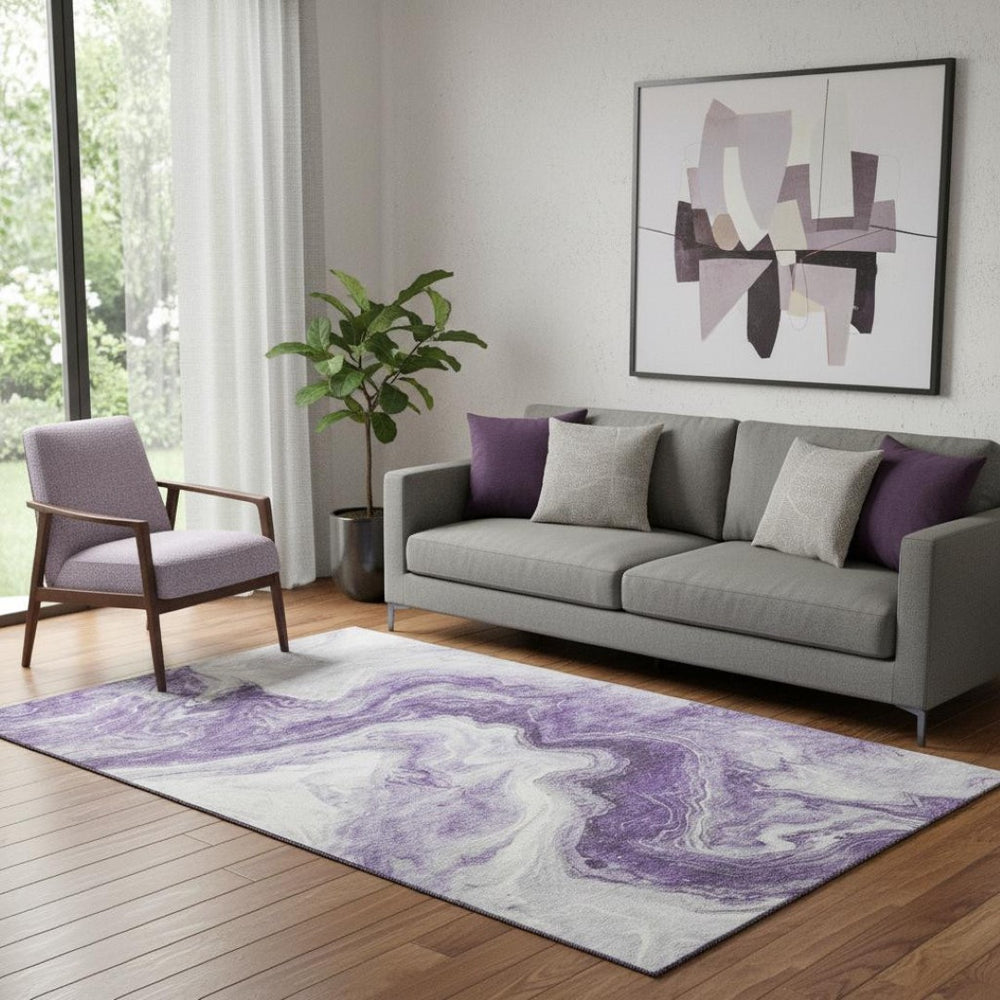 HomeRoots 5' X 8' Modern Purple & Ivory Abstract Washable Area Rug with UV Protection for Stylish Living Spaces 697772