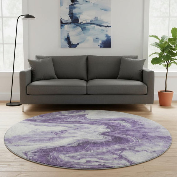 HomeRoots 8' Purple And Ivory Abstract Round Rug - Washable, UV-Protected, Stain-Resistant for Active Homes! 697773