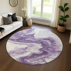 HomeRoots 8' Purple And Ivory Abstract Round Rug - Washable, UV-Protected, Stain-Resistant for Active Homes! 697773