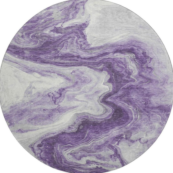 HomeRoots 8' Purple And Ivory Abstract Round Rug - Washable, UV-Protected, Stain-Resistant for Active Homes! 697773