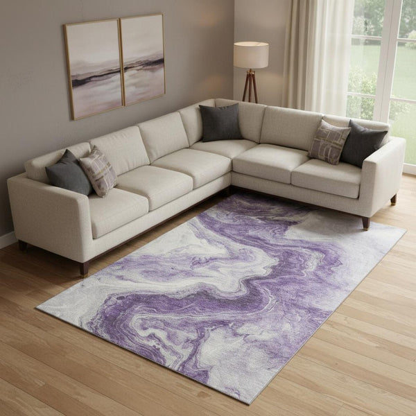 HomeRoots 9' X 12' Purple & Ivory Abstract Area Rug - Washable, UV-Protected, Stylish for Busy Homes! 697775