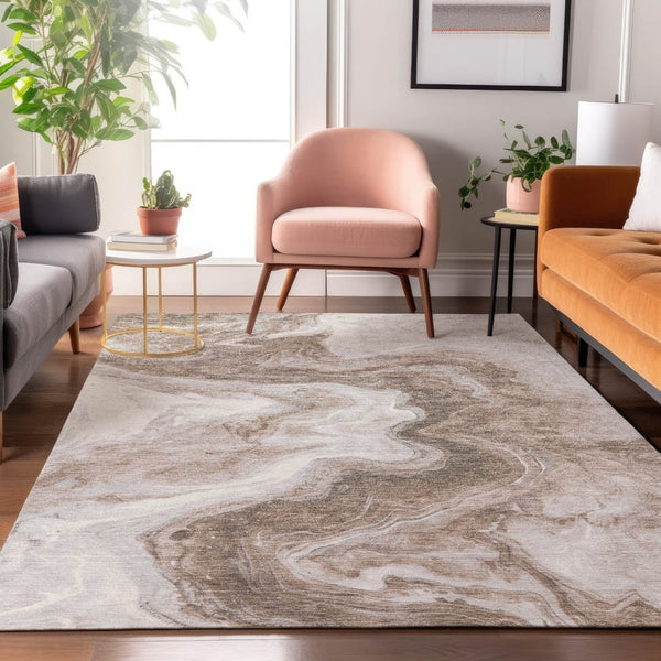 HomeRoots 5' X 8' Abstract Taupe Brown & Ivory Area Rug – Washable, UV Protected, Durable for Busy Homes 697778