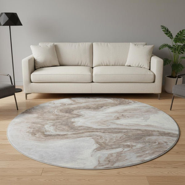 HomeRoots 8' Washable Round Rug in Taupe Brown & Ivory - Modern Abstract Design with UV Protection & Stain Resistance 697779