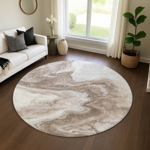 HomeRoots 8' Washable Round Rug in Taupe Brown & Ivory - Modern Abstract Design with UV Protection & Stain Resistance 697779