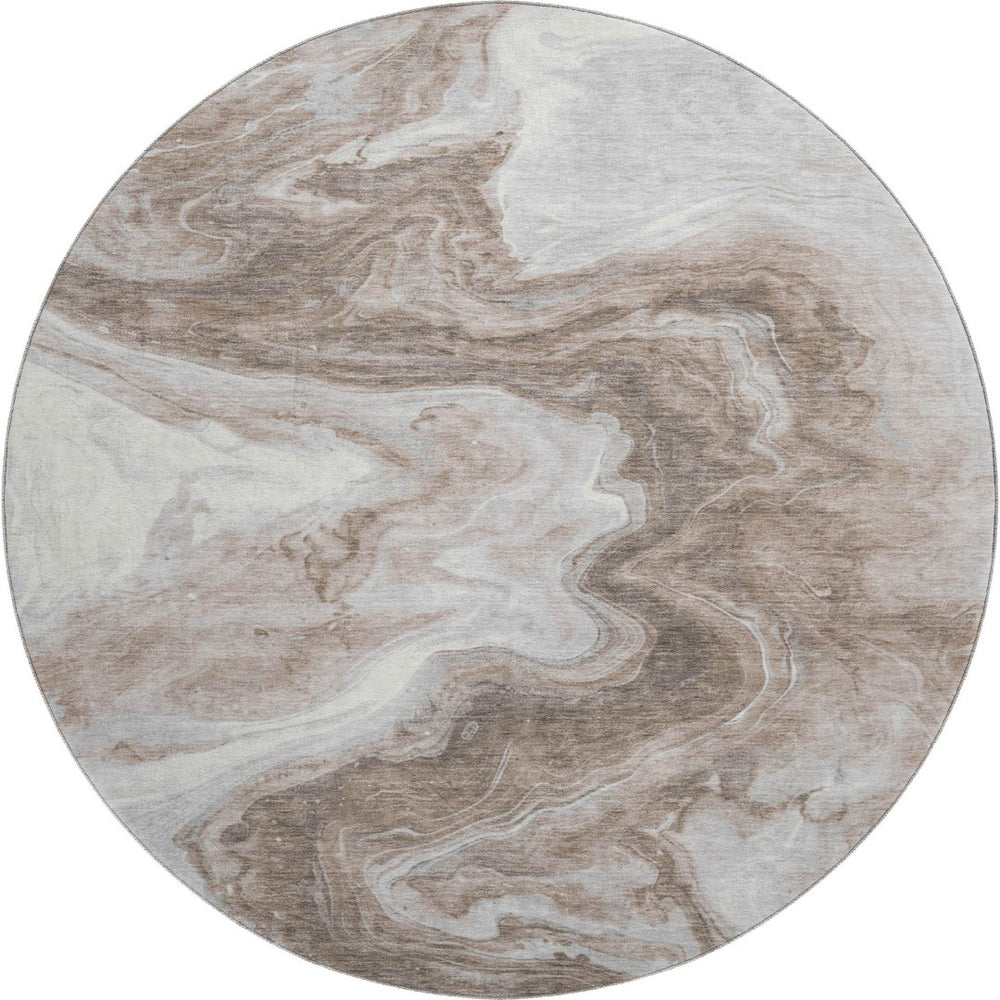 HomeRoots 8' Washable Round Rug in Taupe Brown & Ivory - Modern Abstract Design with UV Protection & Stain Resistance 697779