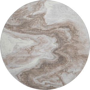 HomeRoots 8' Washable Round Rug in Taupe Brown & Ivory - Modern Abstract Design with UV Protection & Stain Resistance 697779