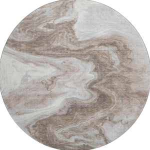 HomeRoots 8' Washable Round Rug in Taupe Brown & Ivory - Modern Abstract Design with UV Protection & Stain Resistance 697779