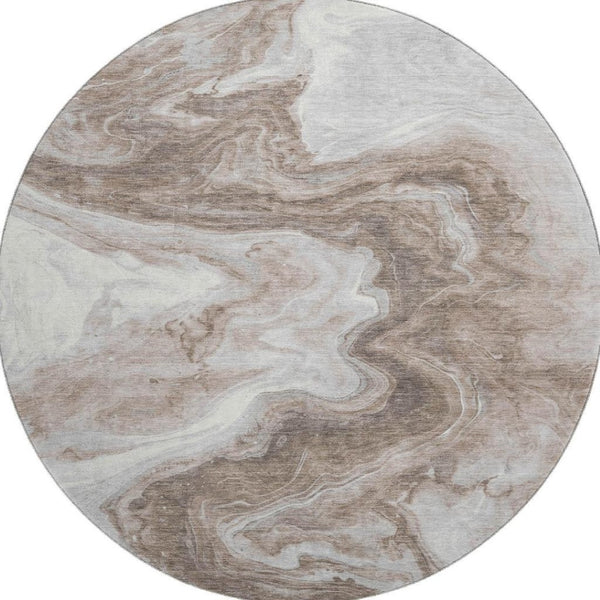 HomeRoots 8' Washable Round Rug in Taupe Brown & Ivory - Modern Abstract Design with UV Protection & Stain Resistance 697779