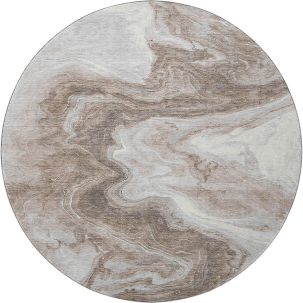HomeRoots 8' Washable Round Rug in Taupe Brown & Ivory - Modern Abstract Design with UV Protection & Stain Resistance 697779
