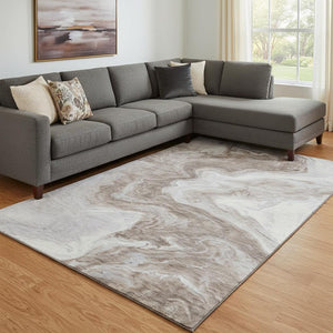 HomeRoots 8' X 10' Abstract Taupe Brown & Ivory Washable Area Rug with UV Protection for Modern Living Spaces 697780
