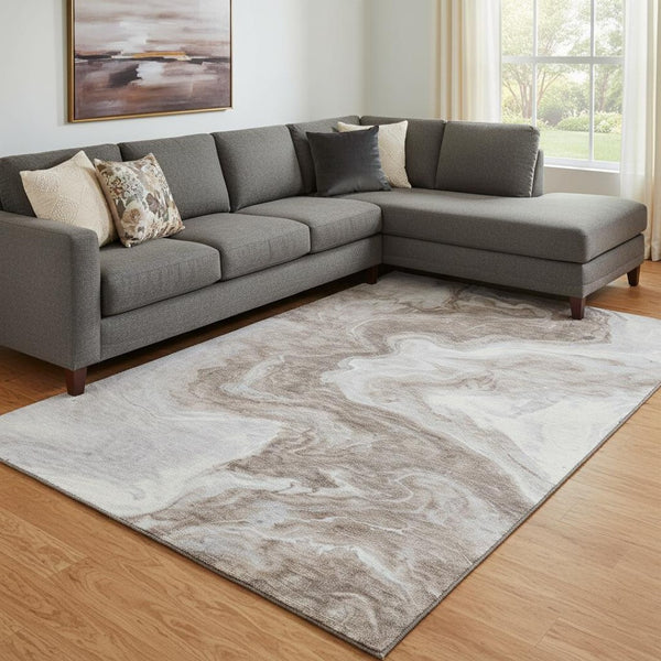 HomeRoots 8' X 10' Abstract Taupe Brown & Ivory Washable Area Rug with UV Protection for Modern Living Spaces 697780