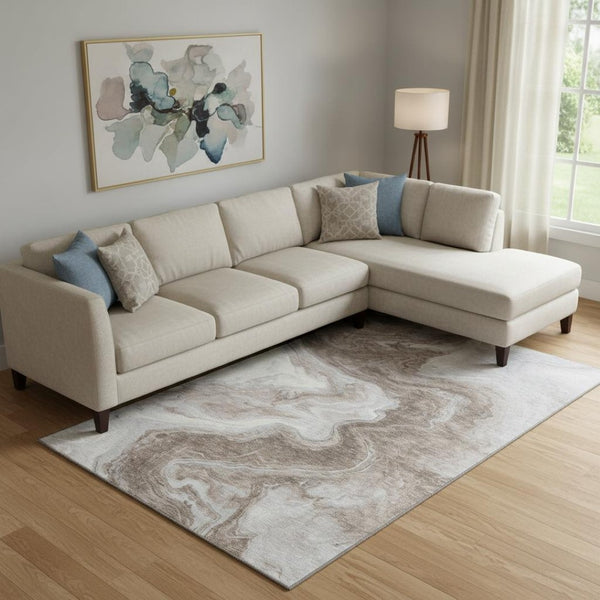 HomeRoots 9' X 12' Abstract Taupe Brown & Ivory Washable Area Rug - Durable, UV-Protected & Pet-Friendly Design 697781
