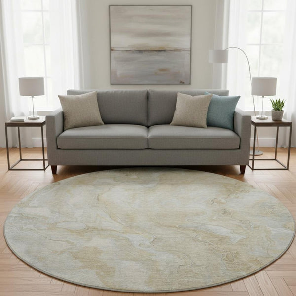 HomeRoots 8' Washable Round Rug in Beige and Ivory Abstract Design – Durable, UV-Protected for High-Traffic Areas 697785