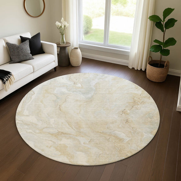 HomeRoots 8' Washable Round Rug in Beige and Ivory Abstract Design – Durable, UV-Protected for High-Traffic Areas 697785