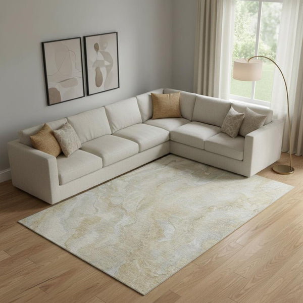 HomeRoots 9' X 12' Beige Tan & Ivory Abstract Area Rug - Durable, Washable, UV-Protected for Modern Homes 697787