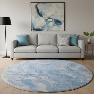 HomeRoots 8' Blue Gray & Silver Abstract Washable Round Rug - Durable, UV Protected, Stain Resistant Design! 697791