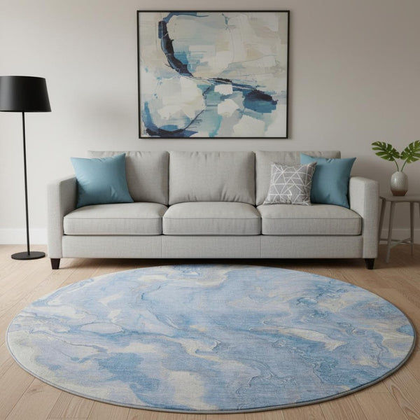 HomeRoots 8' Blue Gray & Silver Abstract Washable Round Rug - Durable, UV Protected, Stain Resistant Design! 697791