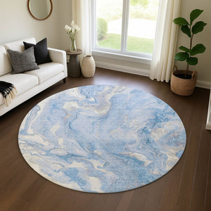 HomeRoots 8' Blue Gray & Silver Abstract Washable Round Rug - Durable, UV Protected, Stain Resistant Design! 697791