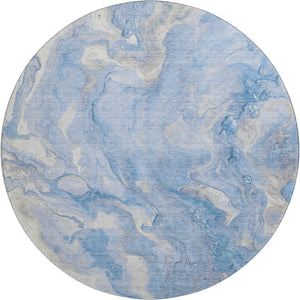 HomeRoots 8' Blue Gray & Silver Abstract Washable Round Rug - Durable, UV Protected, Stain Resistant Design! 697791