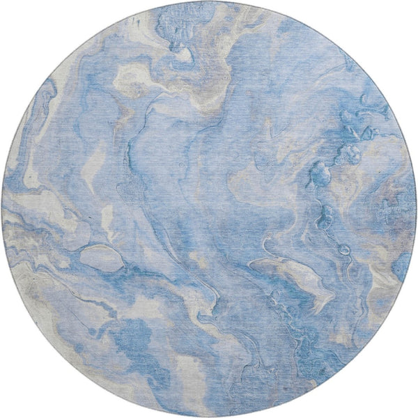 HomeRoots 8' Blue Gray & Silver Abstract Washable Round Rug - Durable, UV Protected, Stain Resistant Design! 697791