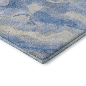 HomeRoots 8' Blue Gray & Silver Abstract Washable Round Rug - Durable, UV Protected, Stain Resistant Design! 697791