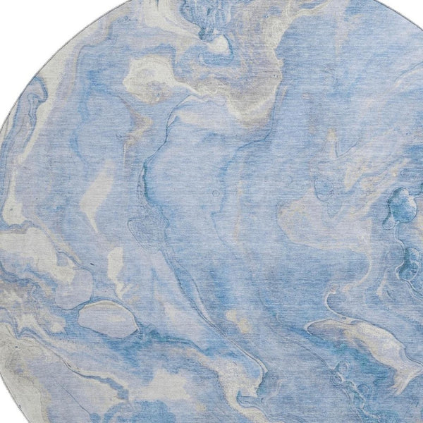 HomeRoots 8' Blue Gray & Silver Abstract Washable Round Rug - Durable, UV Protected, Stain Resistant Design! 697791