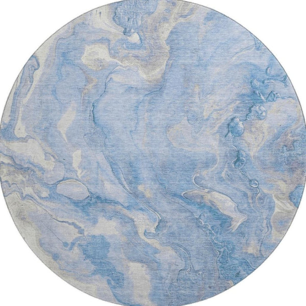 HomeRoots 8' Blue Gray & Silver Abstract Washable Round Rug - Durable, UV Protected, Stain Resistant Design! 697791