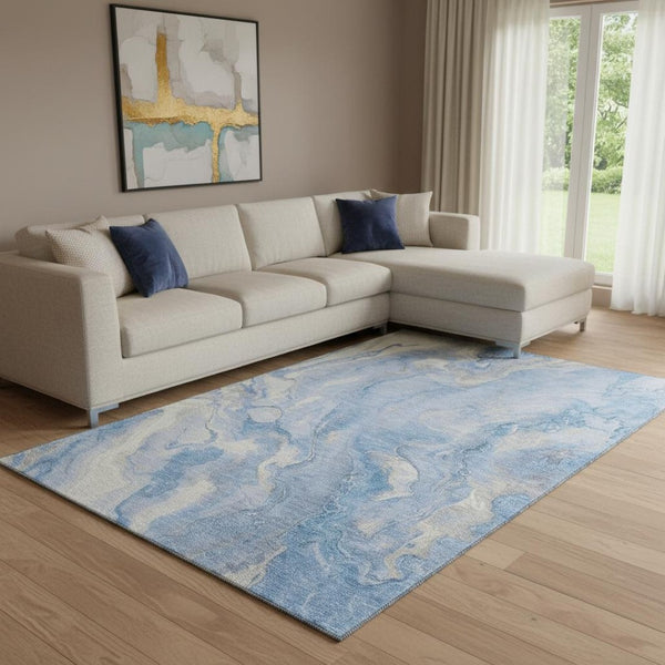 HomeRoots 8' X 10' Blue Gray and Silver Abstract Area Rug - Washable, UV Resistant, Perfect for High-Traffic Homes 697792