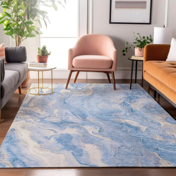 HomeRoots 8' X 10' Blue Gray and Silver Abstract Area Rug - Washable, UV Resistant, Perfect for High-Traffic Homes 697792