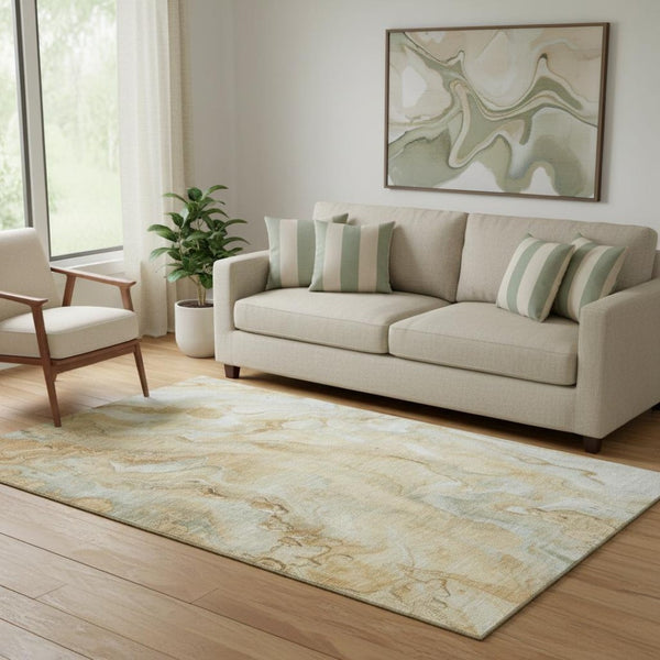 HomeRoots 5' X 8' Washable Gold Ivory Gray Abstract Area Rug - Durable, UV Protected, Stain Resistant Design 697796