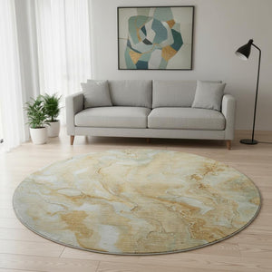 HomeRoots 8' Gold Ivory and Gray Abstract Round Rug - Washable, UV-Protected, Durable for High-Traffic Areas 697797