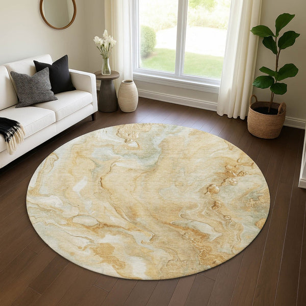 HomeRoots 8' Gold Ivory and Gray Abstract Round Rug - Washable, UV-Protected, Durable for High-Traffic Areas 697797