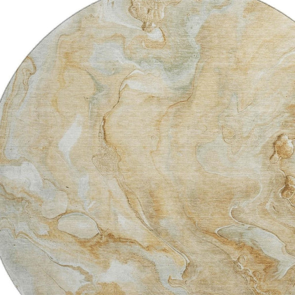 HomeRoots 8' Gold Ivory and Gray Abstract Round Rug - Washable, UV-Protected, Durable for High-Traffic Areas 697797