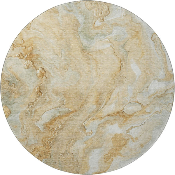 HomeRoots 8' Gold Ivory and Gray Abstract Round Rug - Washable, UV-Protected, Durable for High-Traffic Areas 697797