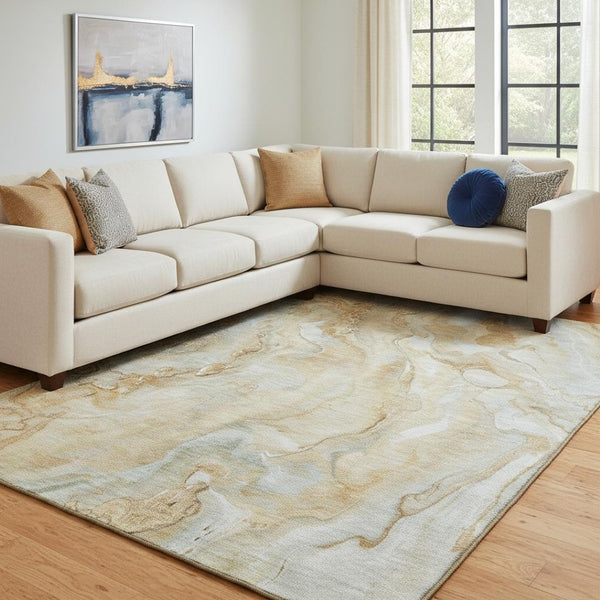 HomeRoots 8' X 10' Washable Gold Ivory Gray Abstract Area Rug - UV Protected, Durable, Stylish, Pet-Friendly 697798