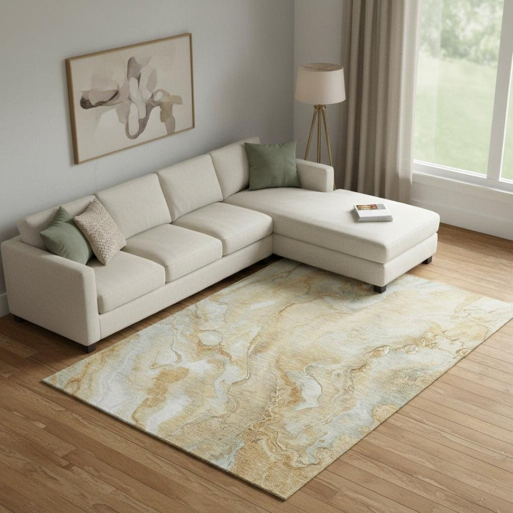 HomeRoots 9' X 12' Gold Ivory Gray Abstract Area Rug - Washable, Stain-Resistant, UV-Protected for Modern Homes 697799
