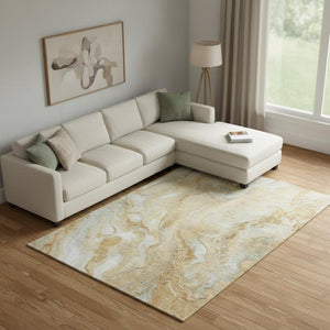 HomeRoots 9' X 12' Gold Ivory Gray Abstract Area Rug - Washable, Stain-Resistant, UV-Protected for Modern Homes 697799