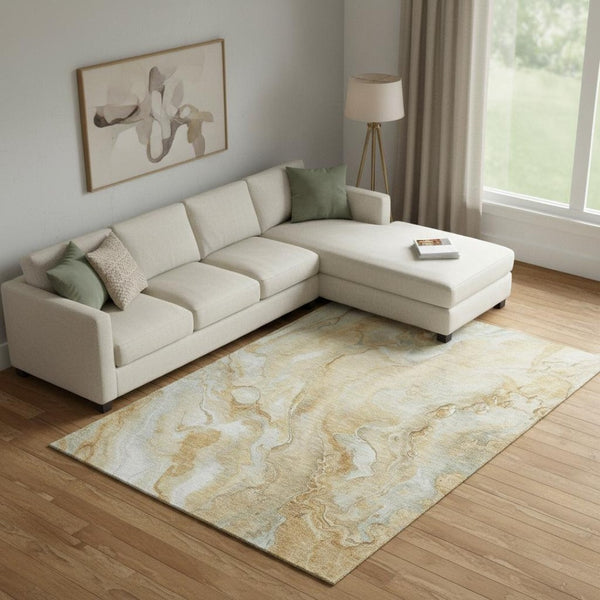 HomeRoots 9' X 12' Gold Ivory Gray Abstract Area Rug - Washable, Stain-Resistant, UV-Protected for Modern Homes 697799