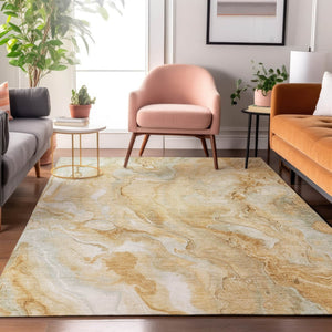 HomeRoots 9' X 12' Gold Ivory Gray Abstract Area Rug - Washable, Stain-Resistant, UV-Protected for Modern Homes 697799