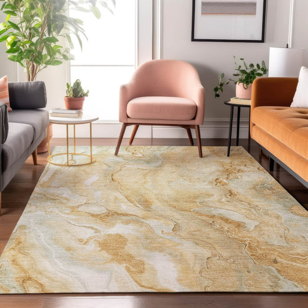 HomeRoots 9' X 12' Gold Ivory Gray Abstract Area Rug - Washable, Stain-Resistant, UV-Protected for Modern Homes 697799