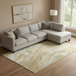 HomeRoots 10' X 14' Gold Ivory Gray Abstract Washable Area Rug with UV Protection for Modern Family Spaces 697800