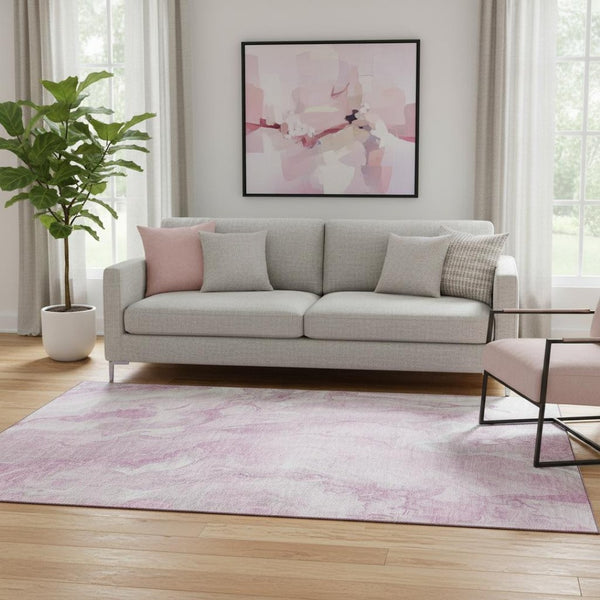 HomeRoots 5' X 8' Pink and Ivory Abstract Area Rug - Washable, UV-Protected, Durable for Busy Homes & Kids 697802