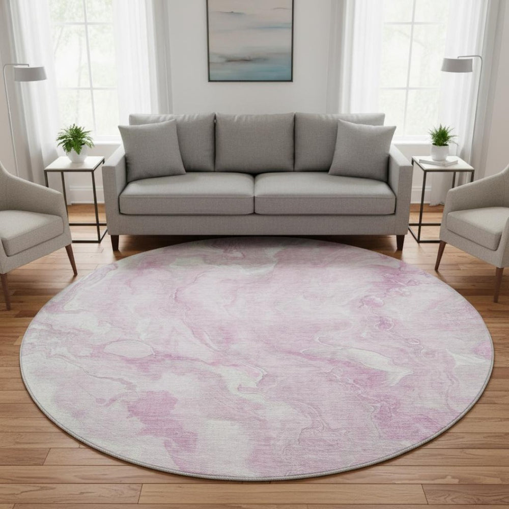 HomeRoots 8' Pink And Ivory Abstract Round Rug – Washable, UV Protected, Durable, Low-Maintenance Design for Homes 697803