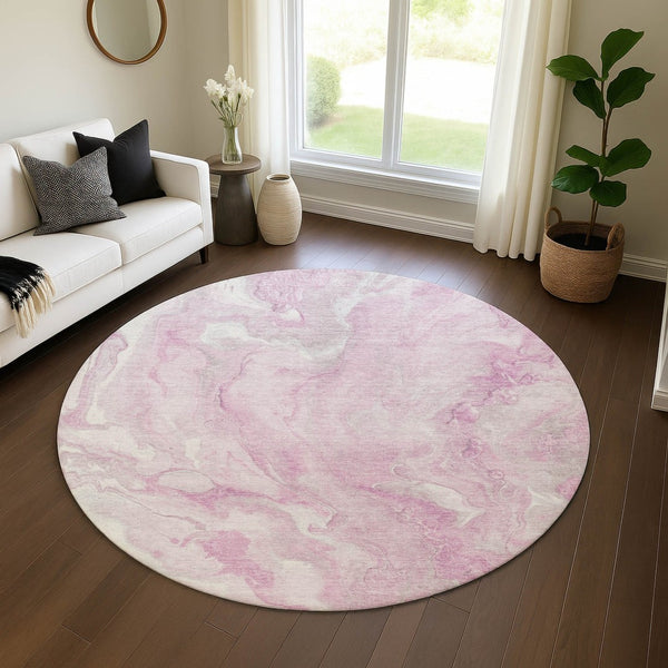 HomeRoots 8' Pink And Ivory Abstract Round Rug – Washable, UV Protected, Durable, Low-Maintenance Design for Homes 697803