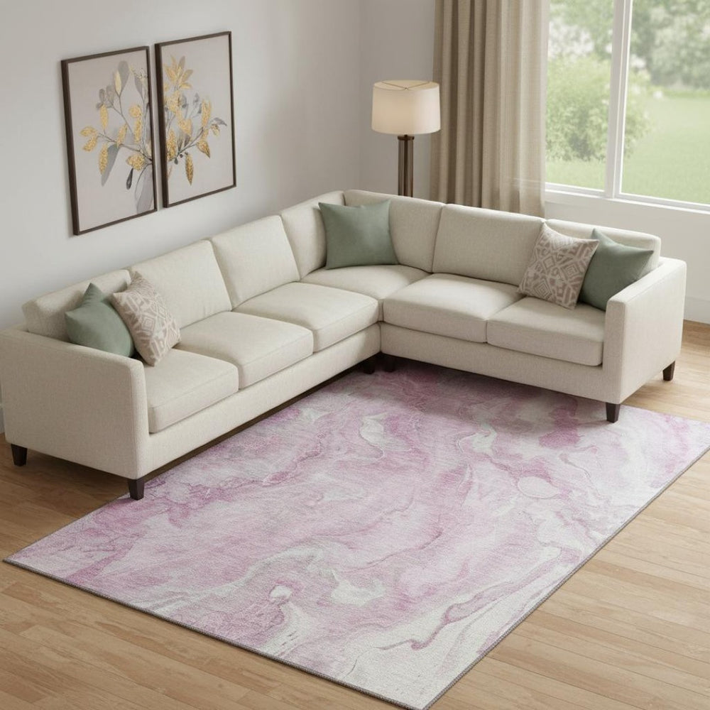 HomeRoots 9' X 12' Pink and Ivory Abstract Area Rug - Washable, UV Protected, Kid & Pet Friendly for Stylish Spaces 697805