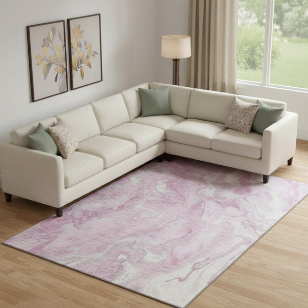 HomeRoots 9' X 12' Pink and Ivory Abstract Area Rug - Washable, UV Protected, Kid & Pet Friendly for Stylish Spaces 697805