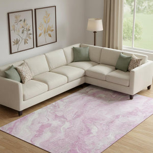 HomeRoots 10' Pink and Ivory Abstract Washable Area Rug – UV Protected, Stain-Resistant, Modern Design 697806